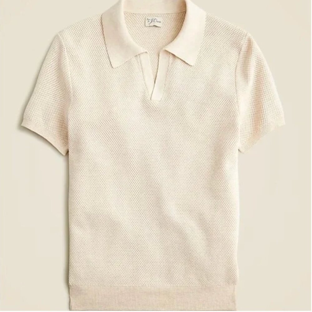 J. Crew Short Sleeve Cotton Mesh Stitch Johnny Collar Sweater, Heather XL